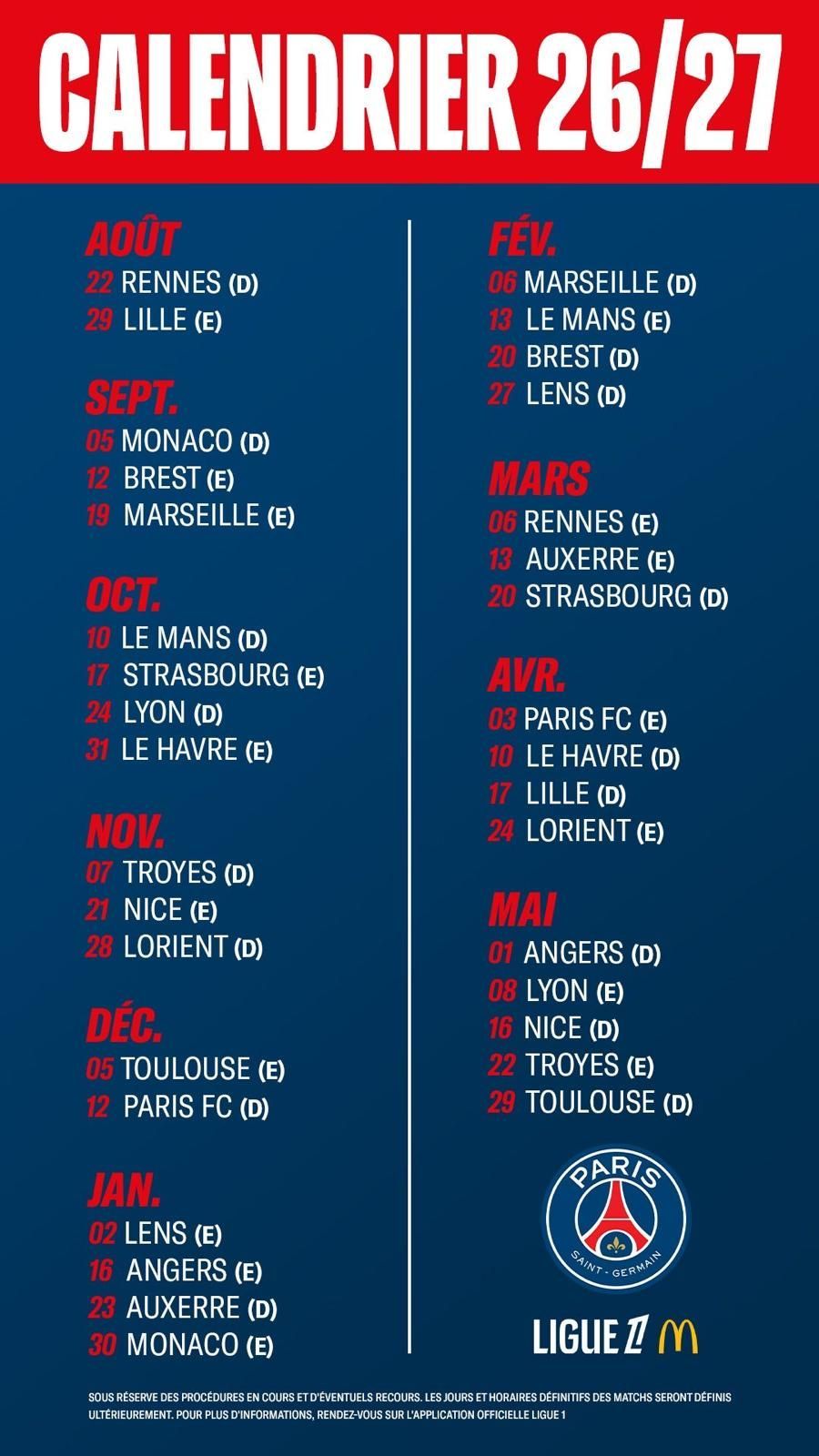 calendrier complet du psg en ligue 1 2026-2027
