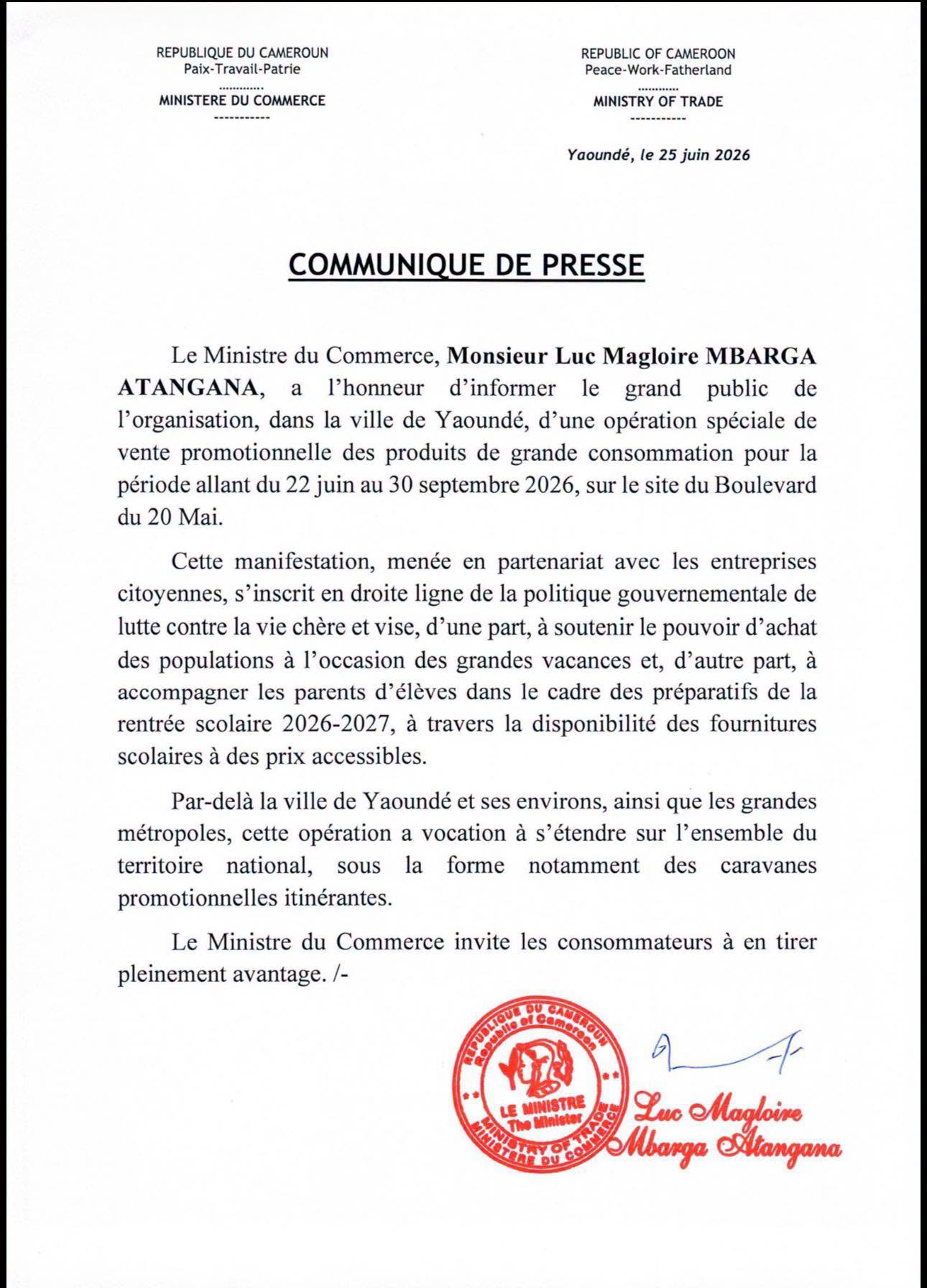 Affiche illustrant les produits concernés par la vente promotionnelle au Cameroun