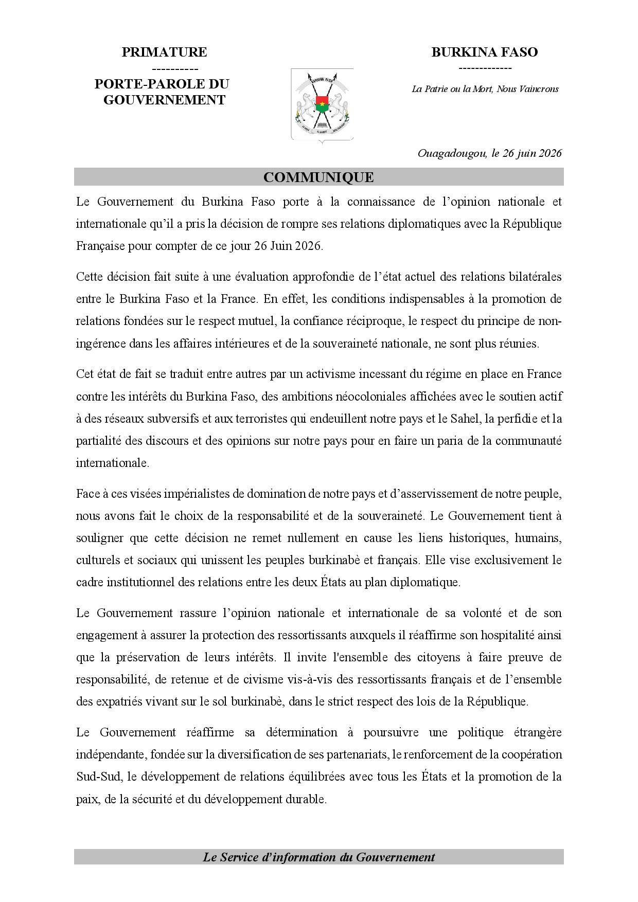 Communiqué officiel du gouvernement burkinabè