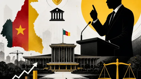 Illustration éditoriale pour Paul Biya toujours en fonction au Cameroun malgré son absence prolongée